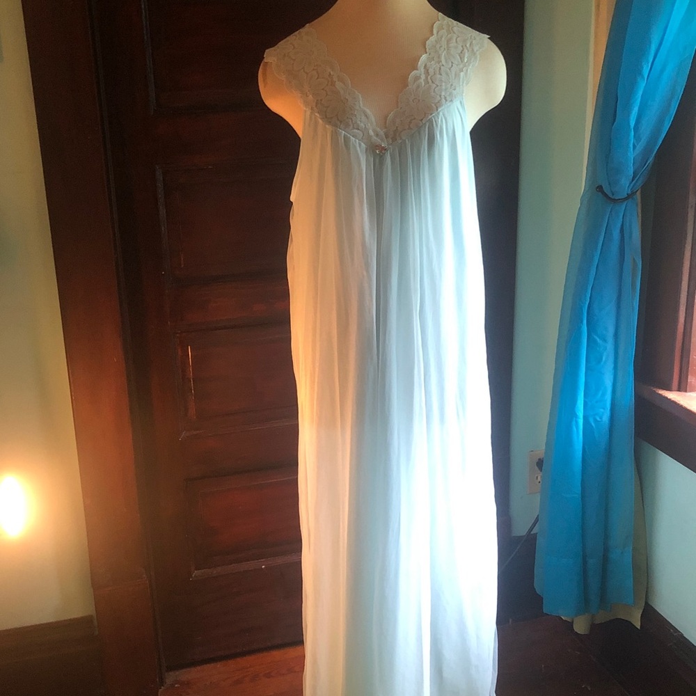 Pale aqua nightgown/lace straps/neckline/ top layer sheer/ full length/ large